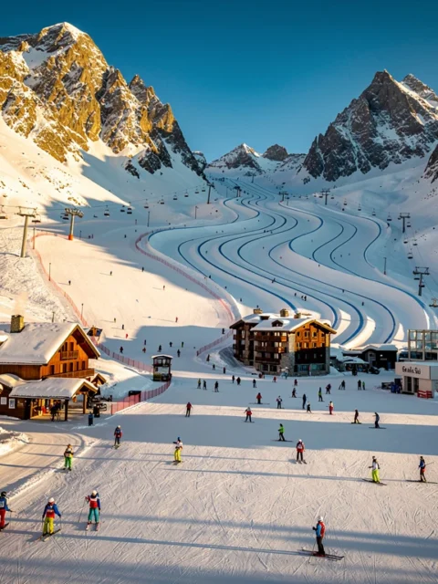 Luchtfoto van Le Monêtier-les-Bains skigebied met besneeuwde Alpentoppen, skipistes en kleurrijke skiërs op verschillende niveaus