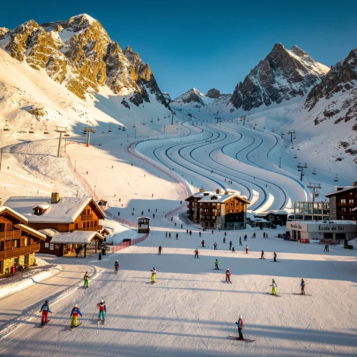 Luchtfoto van Le Monêtier-les-Bains skigebied met besneeuwde Alpentoppen, skipistes en kleurrijke skiërs op verschillende niveaus
