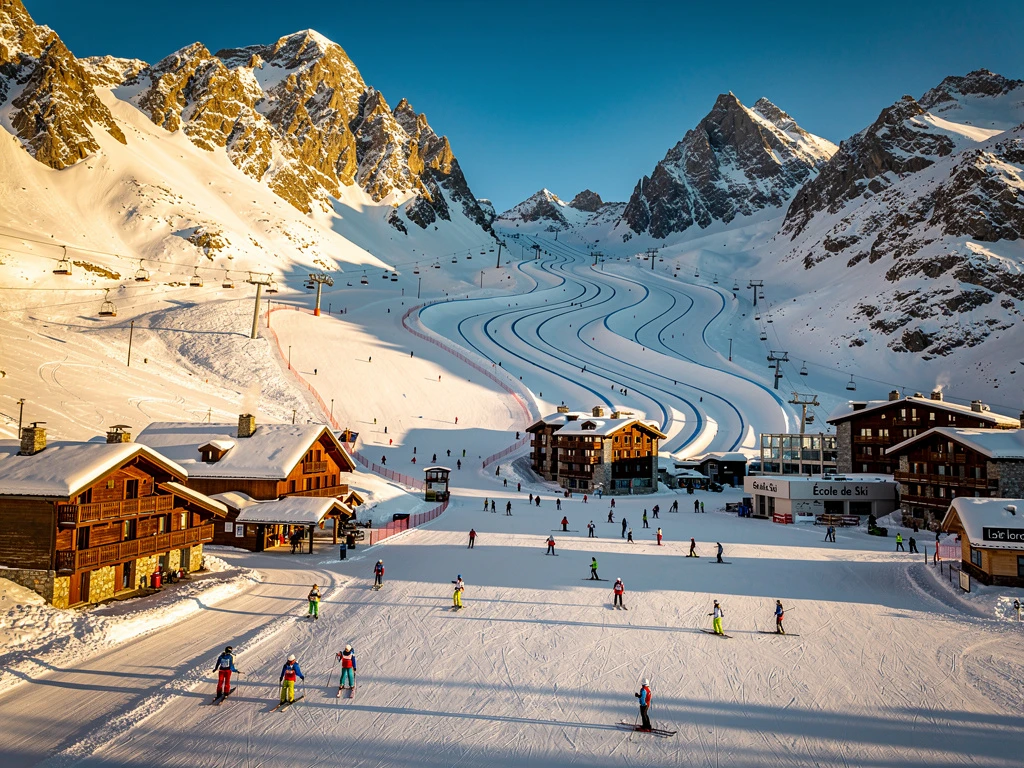 Luchtfoto van Le Monêtier-les-Bains skigebied met besneeuwde Alpentoppen, skipistes en kleurrijke skiërs op verschillende niveaus