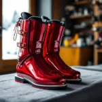 Professionele bootfitting sessie met rode skischoenen op aangepast voetbed. Geopende schoen toont technisch binnenprofiel met subtiele stoom van recente aanpassing.