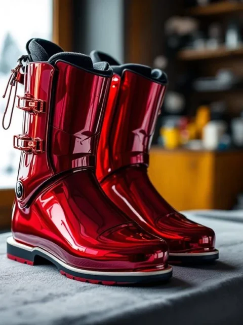 Professionele bootfitting sessie met rode skischoenen op aangepast voetbed. Geopende schoen toont technisch binnenprofiel met subtiele stoom van recente aanpassing.
