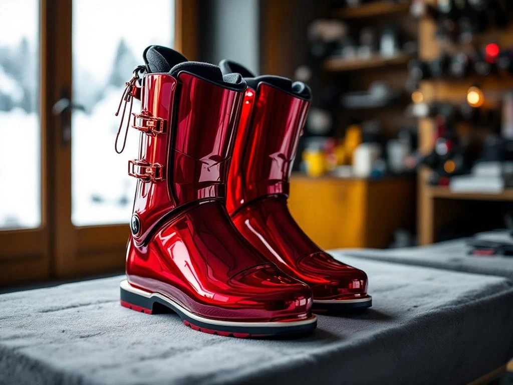 Professionele bootfitting sessie met rode skischoenen op aangepast voetbed. Geopende schoen toont technisch binnenprofiel met subtiele stoom van recente aanpassing.