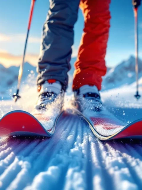 Hoogwaardige rode en zwarte skischoenen in verse sneeuw terwijl een ski-instructeur knielt om de pasvorm te controleren in zonnig alpinegebied.