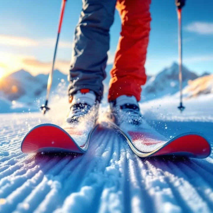 Hoogwaardige rode en zwarte skischoenen in verse sneeuw terwijl een ski-instructeur knielt om de pasvorm te controleren in zonnig alpinegebied.