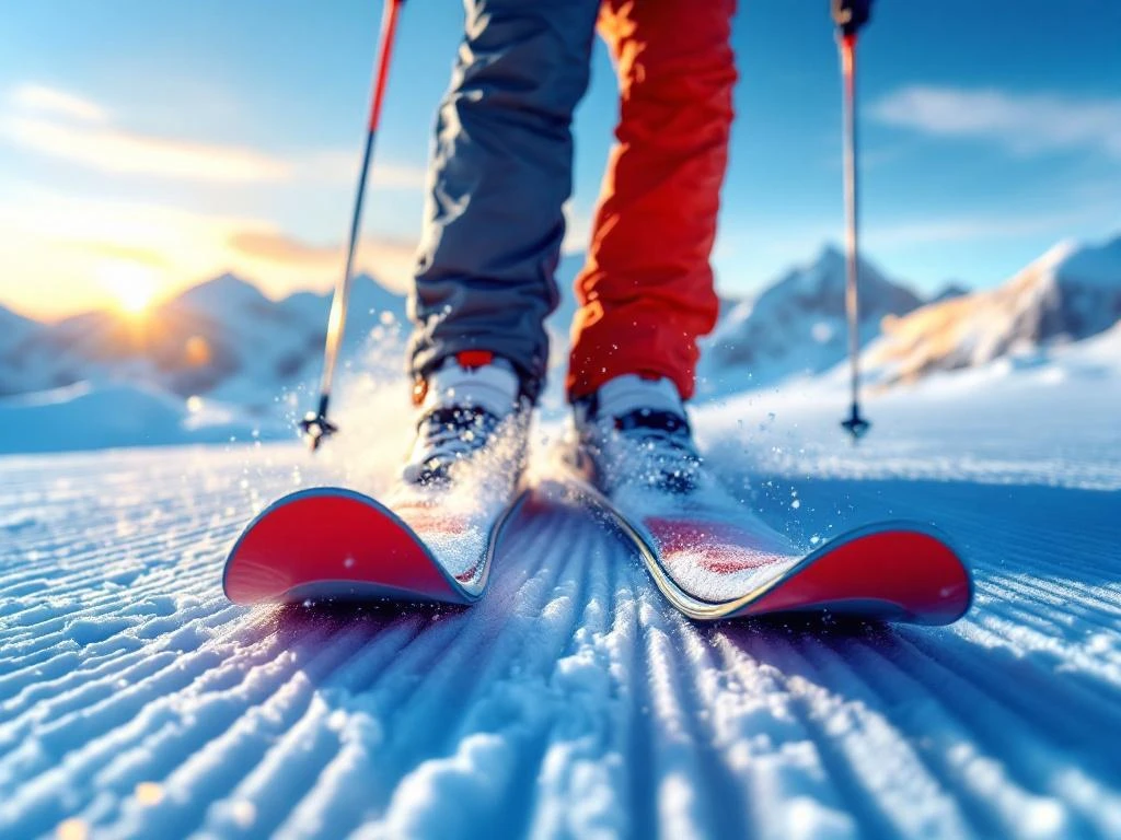 Hoogwaardige rode en zwarte skischoenen in verse sneeuw terwijl een ski-instructeur knielt om de pasvorm te controleren in zonnig alpinegebied.