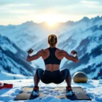 Atleet voert ski-specifieke squat uit tegen panorama van besneeuwde Alpen, met fitnessbanden en stabiliteitsbal, in gouden ochtendlicht.