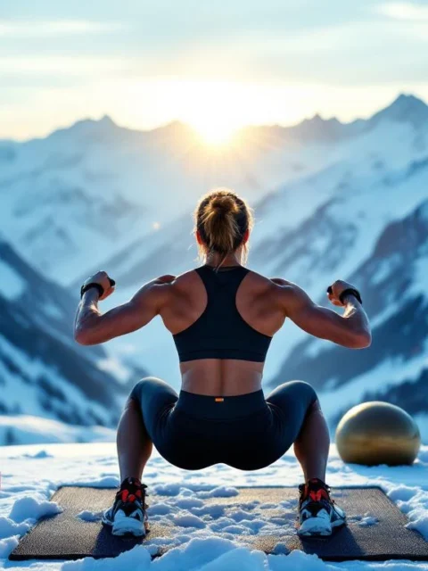Atleet voert ski-specifieke squat uit tegen panorama van besneeuwde Alpen, met fitnessbanden en stabiliteitsbal, in gouden ochtendlicht.