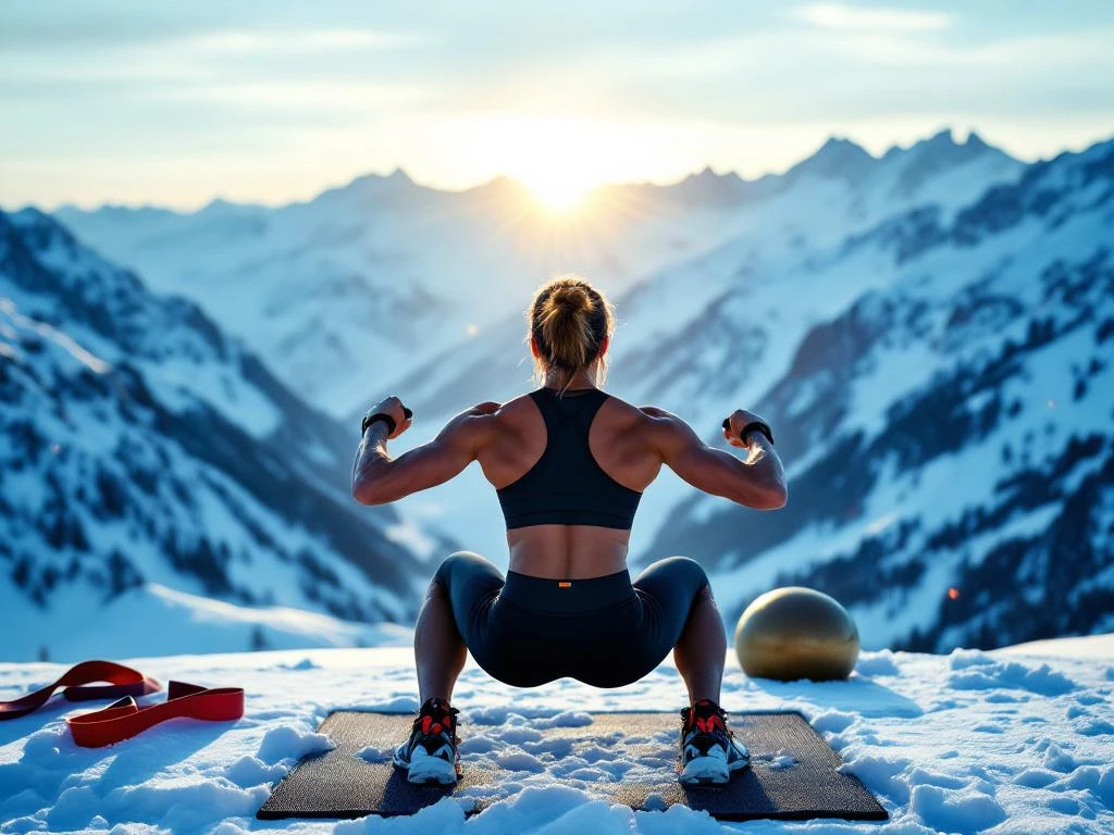 Atleet voert ski-specifieke squat uit tegen panorama van besneeuwde Alpen, met fitnessbanden en stabiliteitsbal, in gouden ochtendlicht.