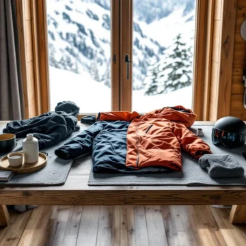 Skispullen netjes uitgestald op houten chalet-tafel met kleurrijke skijas, broek, handschoenen en helm, terwijl besneeuwd berglandschap zichtbaar is door het raam.