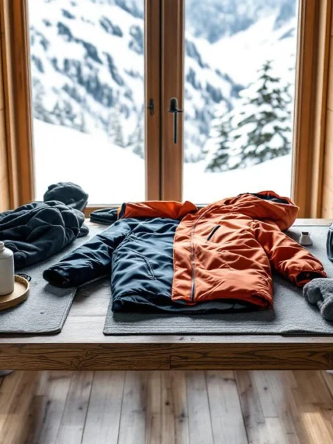 Skispullen netjes uitgestald op houten chalet-tafel met kleurrijke skijas, broek, handschoenen en helm, terwijl besneeuwd berglandschap zichtbaar is door het raam.