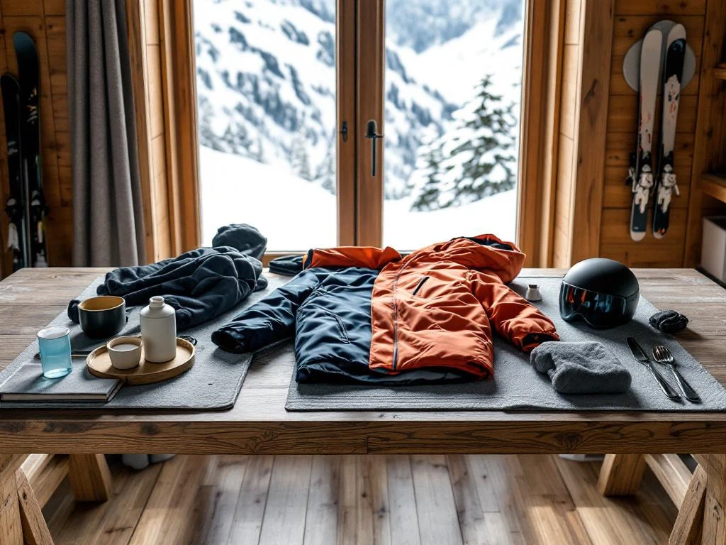 Skispullen netjes uitgestald op houten chalet-tafel met kleurrijke skijas, broek, handschoenen en helm, terwijl besneeuwd berglandschap zichtbaar is door het raam.