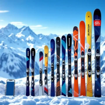 Hoogwaardige skiuitrusting opgesteld tegen besneeuwde Oostenrijkse Alpen in St. Anton, met zichtbare korting en online boekingsmogelijkheid.