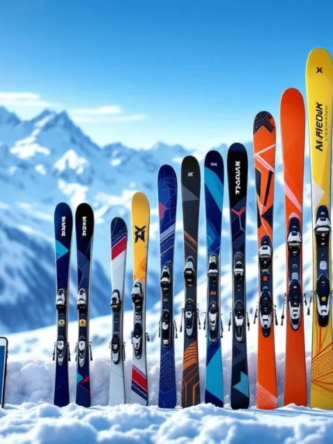 Hoogwaardige skiuitrusting opgesteld tegen besneeuwde Oostenrijkse Alpen in St. Anton, met zichtbare korting en online boekingsmogelijkheid.