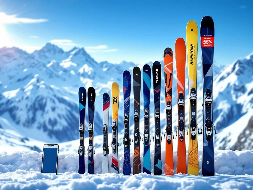Hoogwaardige skiuitrusting opgesteld tegen besneeuwde Oostenrijkse Alpen in St. Anton, met zichtbare korting en online boekingsmogelijkheid.