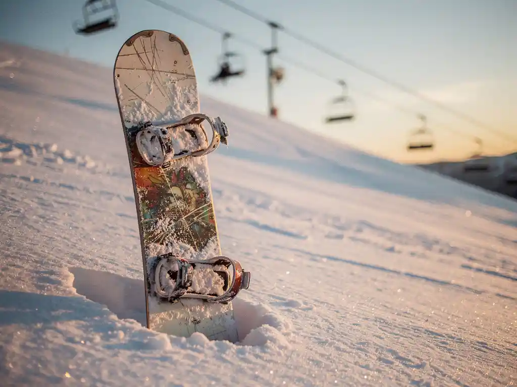 Gebrauchtes Snowboard mit Gebrauchsspuren lehnt an Pulverschnee auf Bergpiste, Skilift im Hintergrund, goldenes Licht