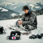 Snowboardeur blessé assis dans la poudreuse tenant son poignet, fixation cassée, équipement de sécurité éparpillé en montagne