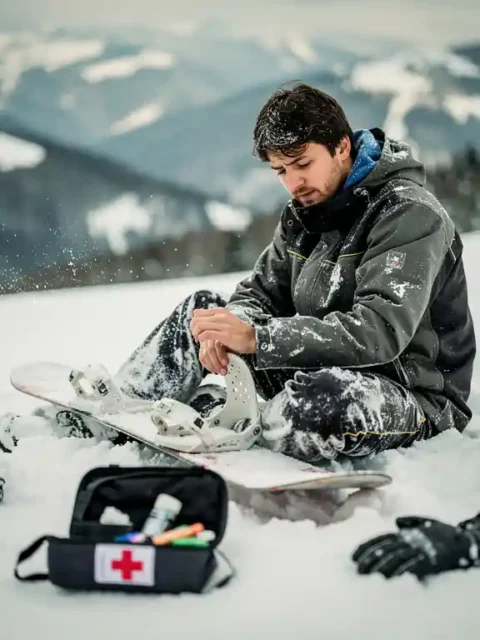 Snowboardeur blessé assis dans la poudreuse tenant son poignet, fixation cassée, équipement de sécurité éparpillé en montagne