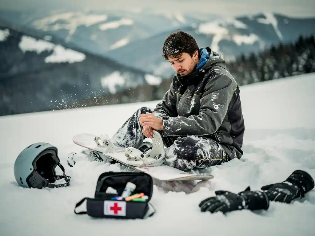 Snowboardeur blessé assis dans la poudreuse tenant son poignet, fixation cassée, équipement de sécurité éparpillé en montagne