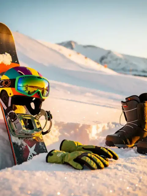 Snowboard mit Anfängerausrüstung auf frischem Pulverschnee, bunte Winterhelm, Skibrille und Handschuhe am Berghang