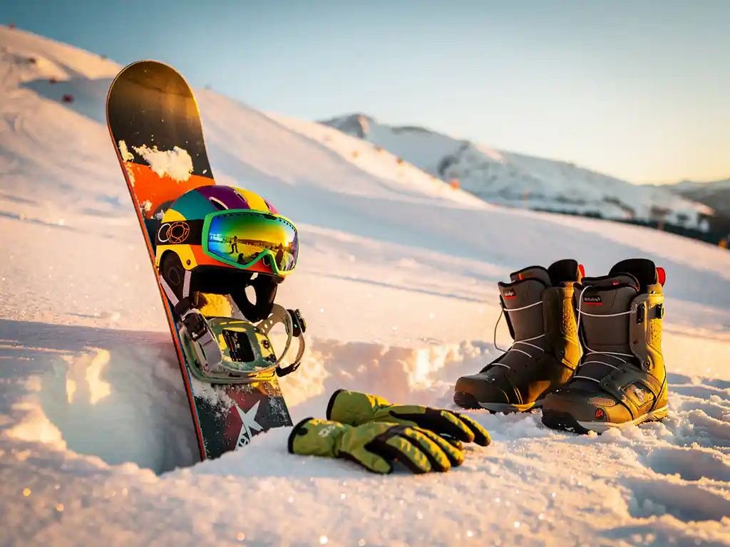 Snowboard mit Anfängerausrüstung auf frischem Pulverschnee, bunte Winterhelm, Skibrille und Handschuhe am Berghang