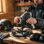 Snowboard-Instruktor prüft Bindung an Holztisch mit Helmen und Schutzausrüstung in gemütlicher Berghütte