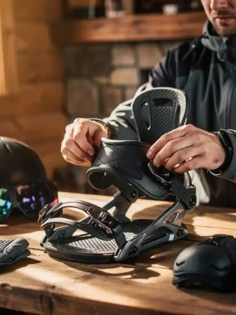Snowboard-Instruktor prüft Bindung an Holztisch mit Helmen und Schutzausrüstung in gemütlicher Berghütte