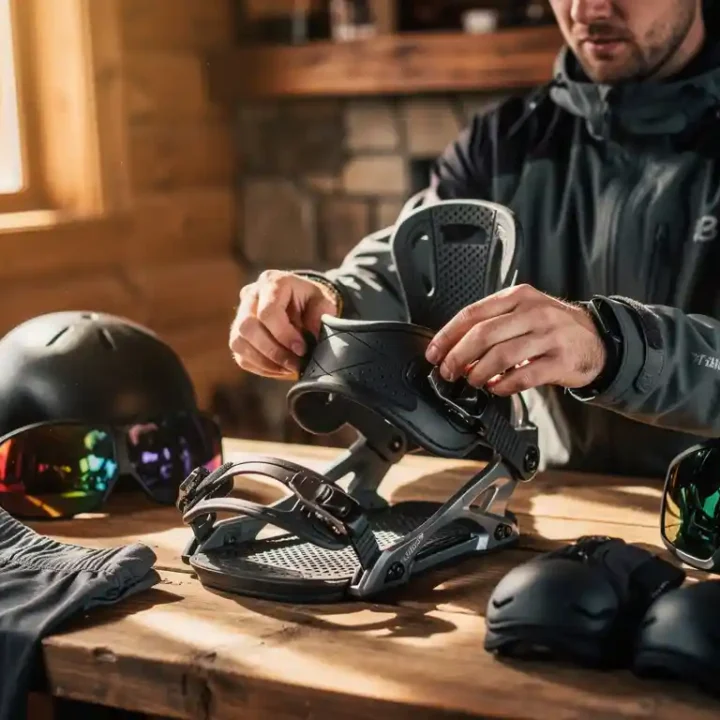 Snowboard-Instruktor prüft Bindung an Holztisch mit Helmen und Schutzausrüstung in gemütlicher Berghütte