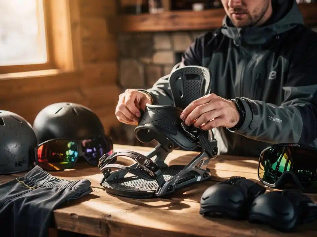 Snowboard-Instruktor prüft Bindung an Holztisch mit Helmen und Schutzausrüstung in gemütlicher Berghütte