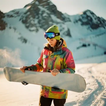 Beginnende snowboarder in felgekleurde winterkleding bekijkt snowboard op besneeuwde berghellingen tijdens gouden uur