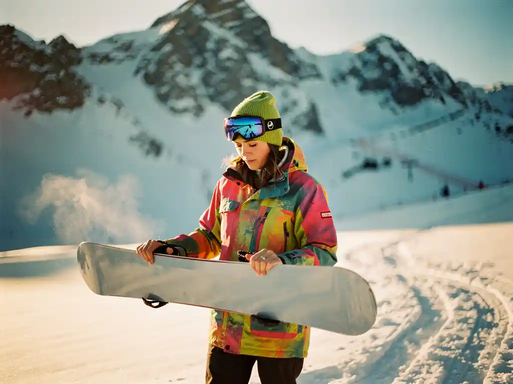 Beginnende snowboarder in felgekleurde winterkleding bekijkt snowboard op besneeuwde berghellingen tijdens gouden uur