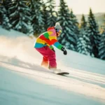 Beginnende snowboarder in kleurrijke winterkleding oefent basisbeweging op zachte helling tussen besneeuwde dennenbomen