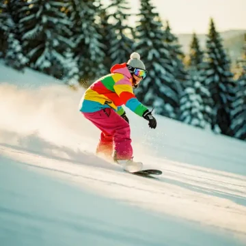 Beginnende snowboarder in kleurrijke winterkleding oefent basisbeweging op zachte helling tussen besneeuwde dennenbomen