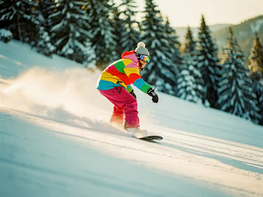 Beginnende snowboarder in kleurrijke winterkleding oefent basisbeweging op zachte helling tussen besneeuwde dennenbomen