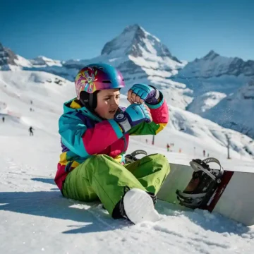 Beginnende snowboarder past helm en polsbeschermers aan op de piste met besneeuwde bergen op de achtergrond