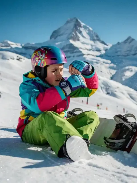 Beginnende snowboarder past helm en polsbeschermers aan op de piste met besneeuwde bergen op de achtergrond