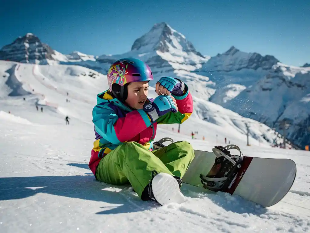 Beginnende snowboarder past helm en polsbeschermers aan op de piste met besneeuwde bergen op de achtergrond