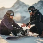 Nerveuze beginnende snowboarder zit op besneeuwde helling terwijl instructeur geduldig begeleiding biedt in berglandschap