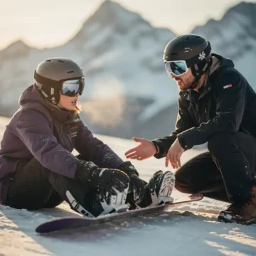 Nerveuze beginnende snowboarder zit op besneeuwde helling terwijl instructeur geduldig begeleiding biedt in berglandschap