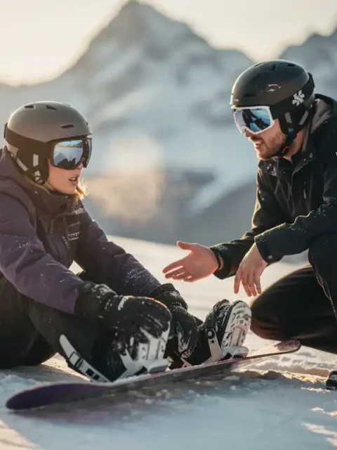 Nerveuze beginnende snowboarder zit op besneeuwde helling terwijl instructeur geduldig begeleiding biedt in berglandschap