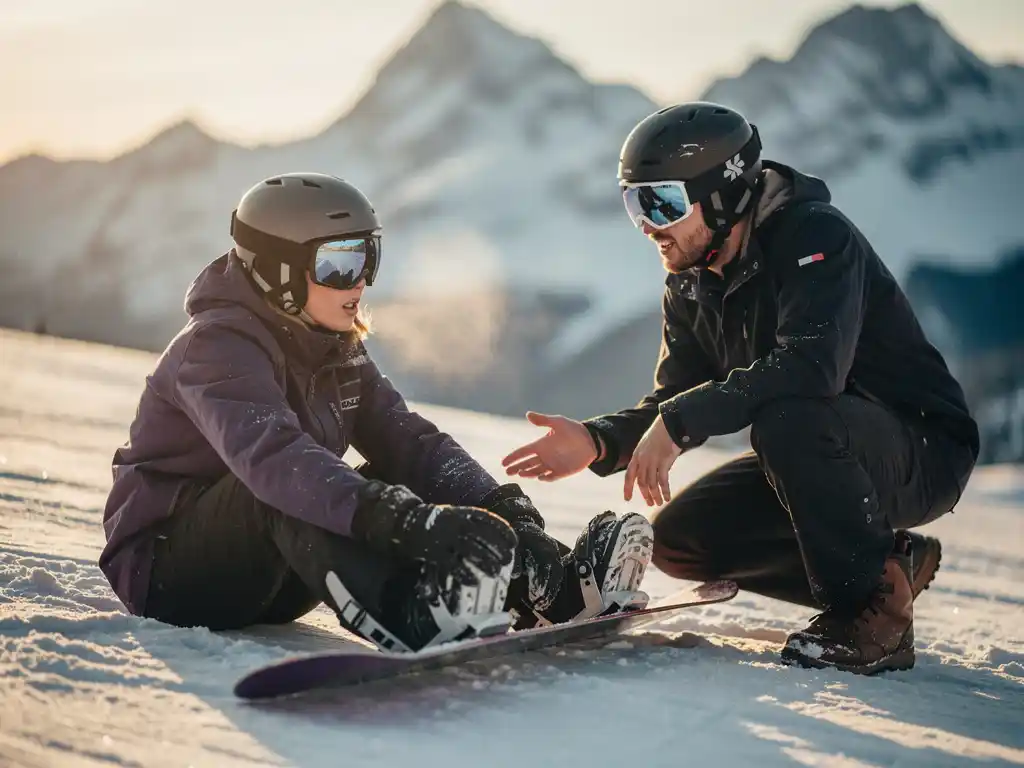 Nerveuze beginnende snowboarder zit op besneeuwde helling terwijl instructeur geduldig begeleiding biedt in berglandschap