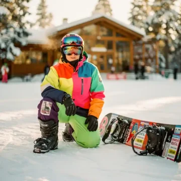 Beginnende snowboarder knielt naast huursnowboard op verse sneeuw, ski lodge op achtergrond, gouden zonlicht