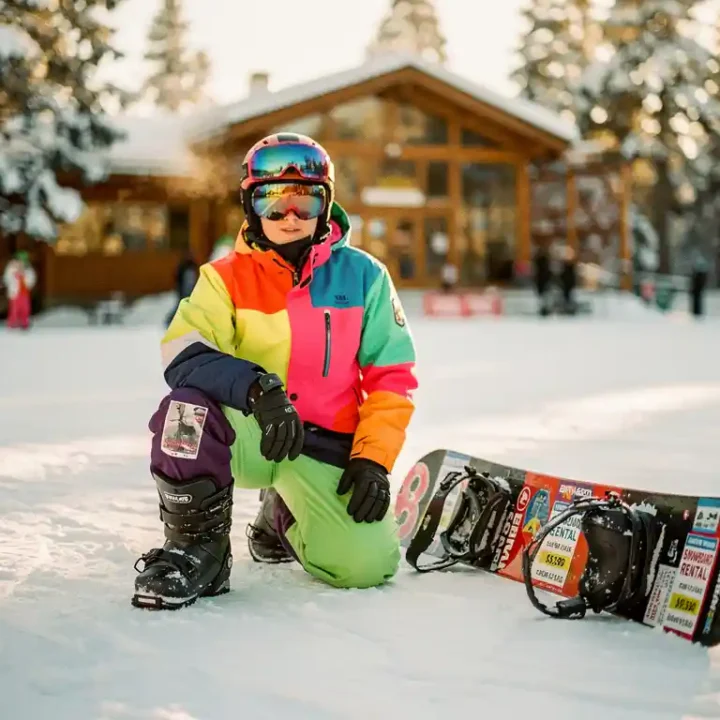 Beginnende snowboarder knielt naast huursnowboard op verse sneeuw, ski lodge op achtergrond, gouden zonlicht