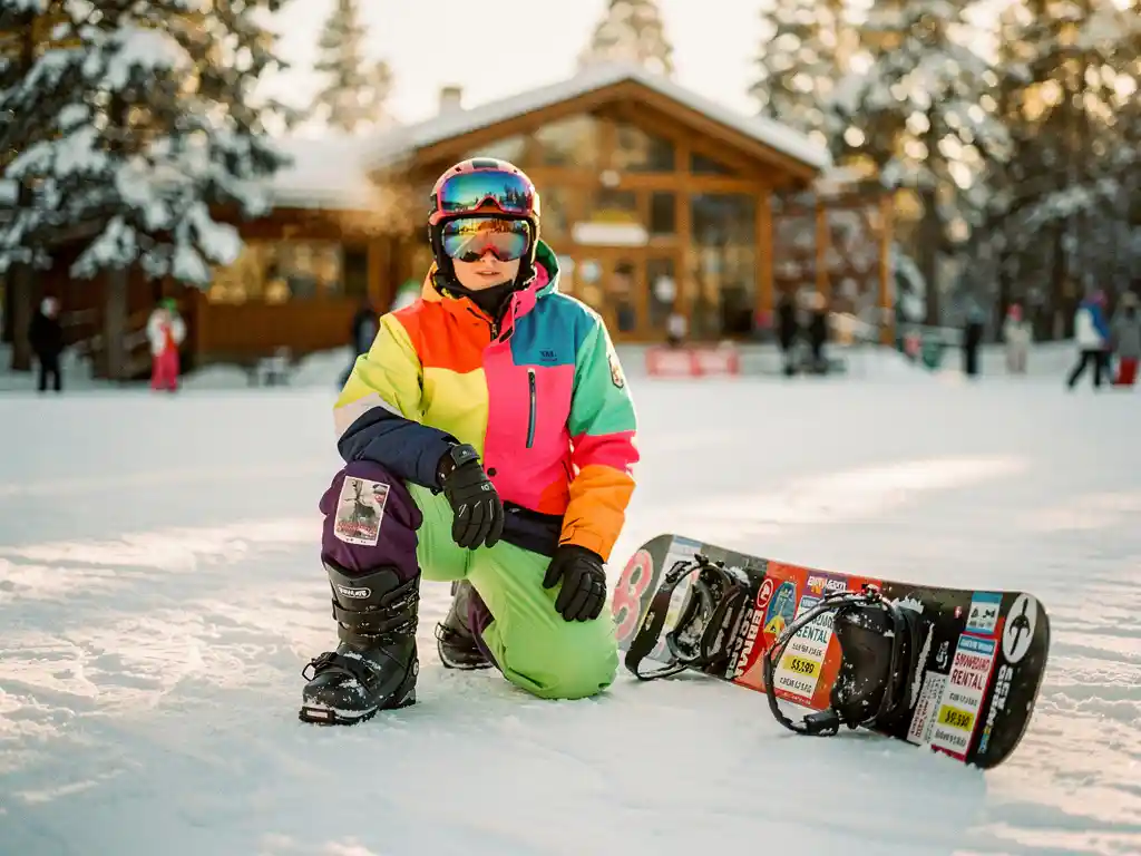 Beginnende snowboarder knielt naast huursnowboard op verse sneeuw, ski lodge op achtergrond, gouden zonlicht