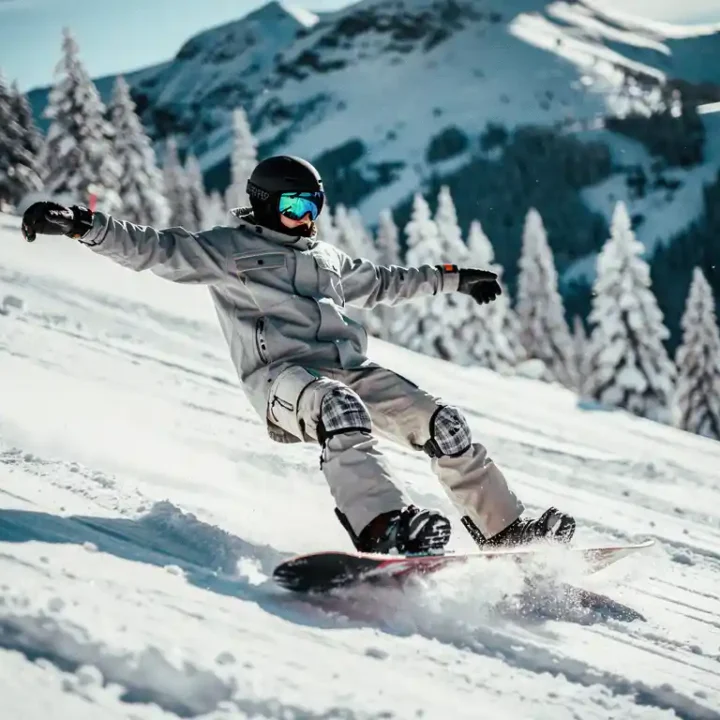 Beginnende snowboarder verliest balans op besneeuwde helling met dennenbomen op achtergrond