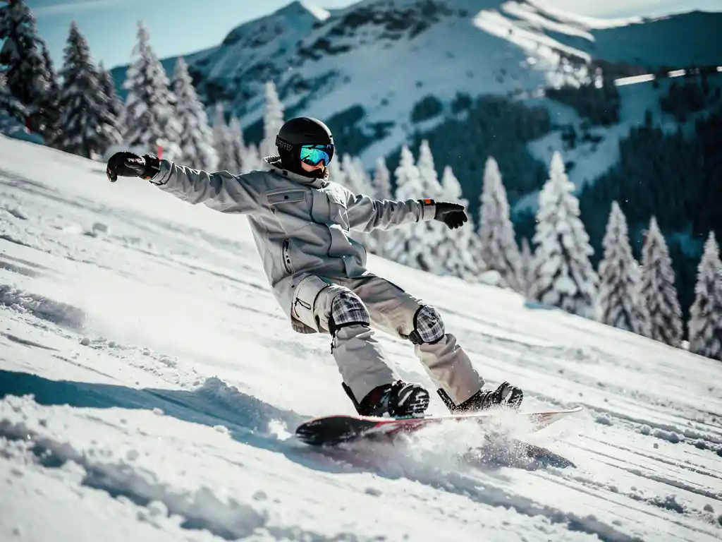Beginnende snowboarder verliest balans op besneeuwde helling met dennenbomen op achtergrond