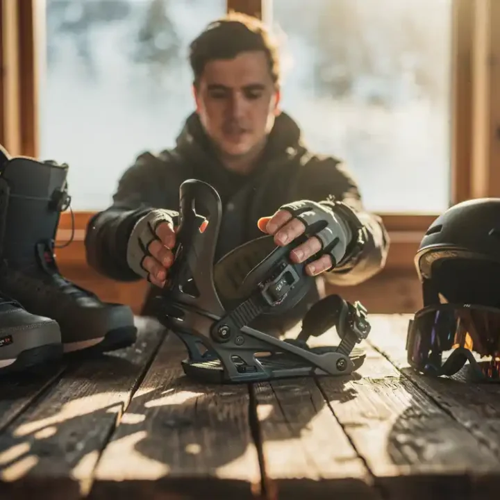 Snowboarder inspecteert snowboard binding aan houten hut tafel met laarzen, bril en helm in warme winterse sfeer