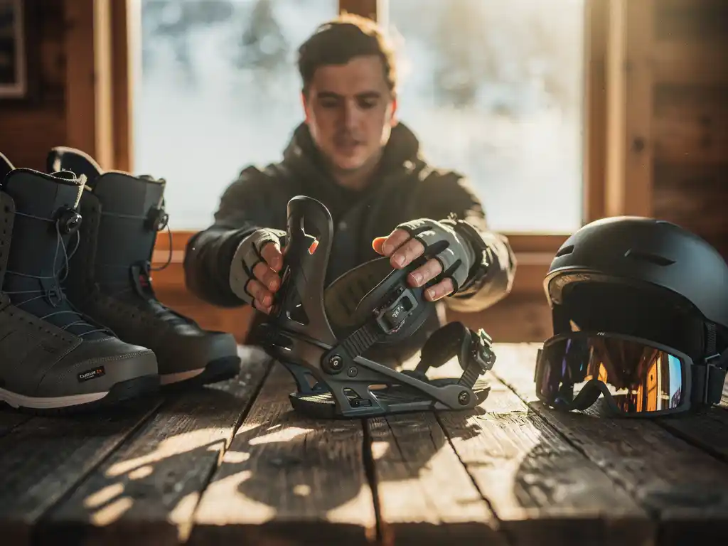 Snowboarder inspecteert snowboard binding aan houten hut tafel met laarzen, bril en helm in warme winterse sfeer