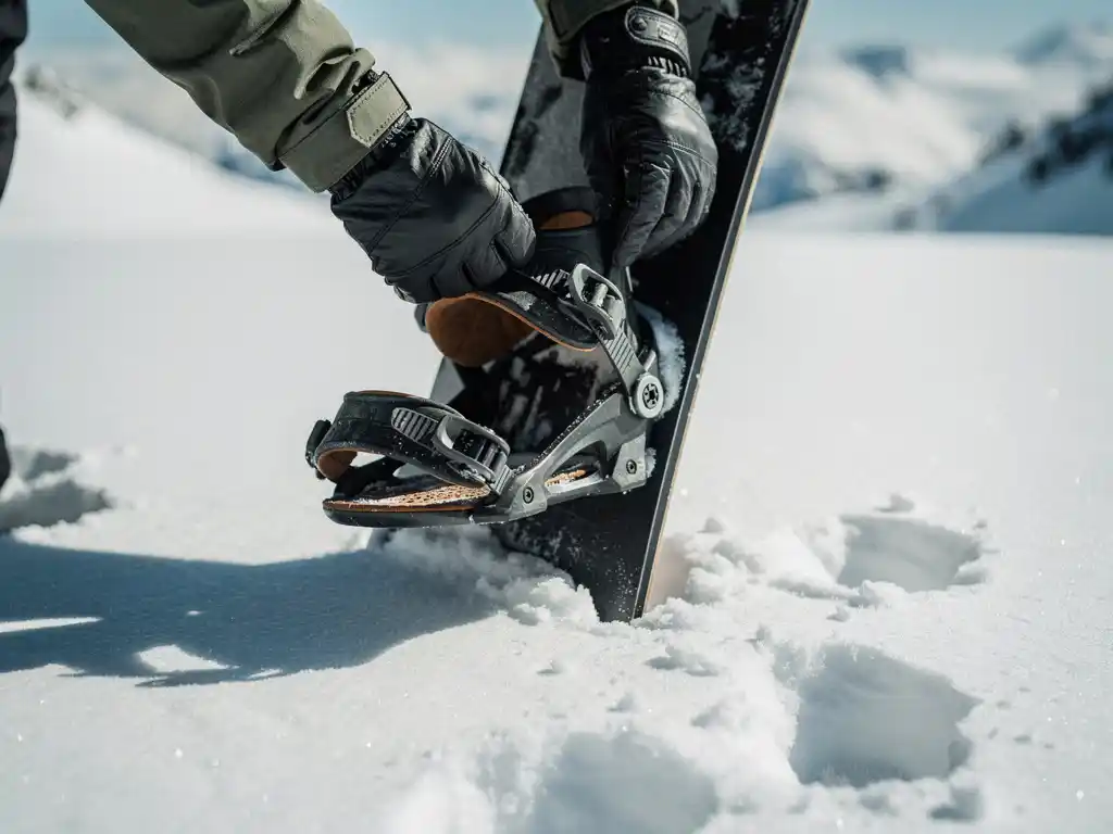 Snowboarder inspecteert bindingen en gespen van snowboard in verse sneeuw, handen met handschoenen controleren uitrusting