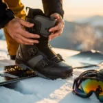 Snowboarder inspecting boot bindings and flex in fresh powder snow with premium gear scattered nearby at golden hour.