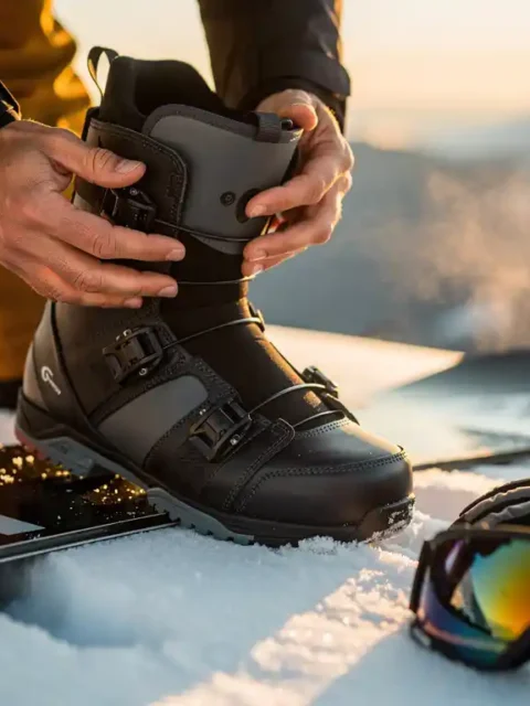 Snowboarder inspecting boot bindings and flex in fresh powder snow with premium gear scattered nearby at golden hour.